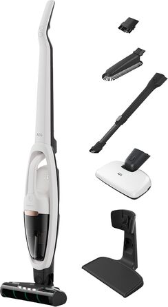 AEG HYGIENIC 5000 AS52HP25SH Cordless Vacuum Cleaner / 2in1 / Pleasantly Quiet at 80 dB(A) / 58% Recycled Material / Up to 55 Minutes of Runtime / Automatic / Self-Standing / Suitable for All Floors / Includes Accessories, White Model 2023 25.2V White Complete Accessories