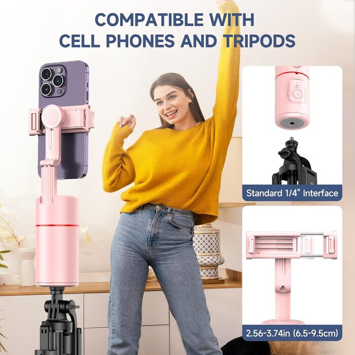 Автоматичне штатив для розпізнавання облич, без додатків, розумна підставка для телефону з пультом дистанційного керування, поворотна на 360° тримач для камери/смартфона, штатив для Vlogs/TikTok (Рожевий)