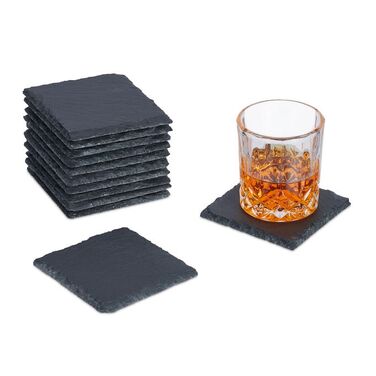Relaxdays 12-Piece Slate Coasters, 10x10 cm
