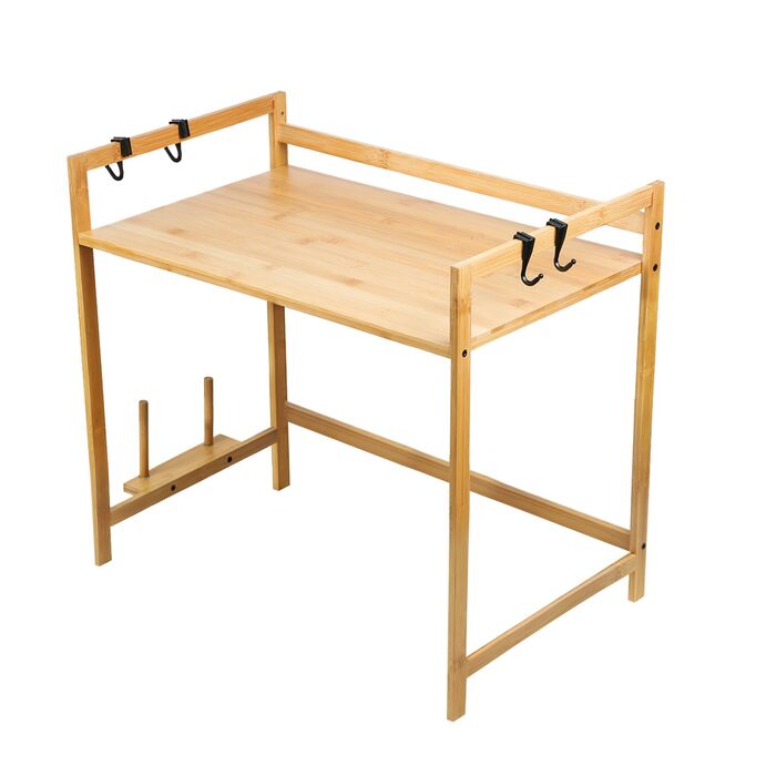 Поличка для мікрохвильової печі 3-рівнева, органайзер з гачками, розширювана, висувна (40-64см), з вуглецевої сталі (2 яруси, бамбук, 55x35x42см)