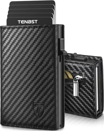 Чоловічий гаманець TENBST з відділенням для монет, преміум якість, RFID захист, slim дизайн, на 8-10 карт, з ковадлинного шкірозамінника, чорний