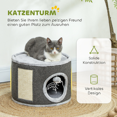 PawHut Драбина для котів, 30 см у висоту, котяча драбина з печерою, котячий штовхач, котяча вежа з сизалю, для котів вагою до 5 кг, темно-сірий | Aosom