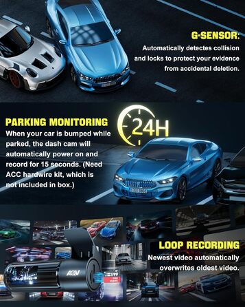 Відеореєстратор AQV Dashcam Auto Vorne und Hinten 4K з WiFi, 64GB SD, G-сенсор, Super Night Vision, 170°+140° Кут огляду, Black-D18