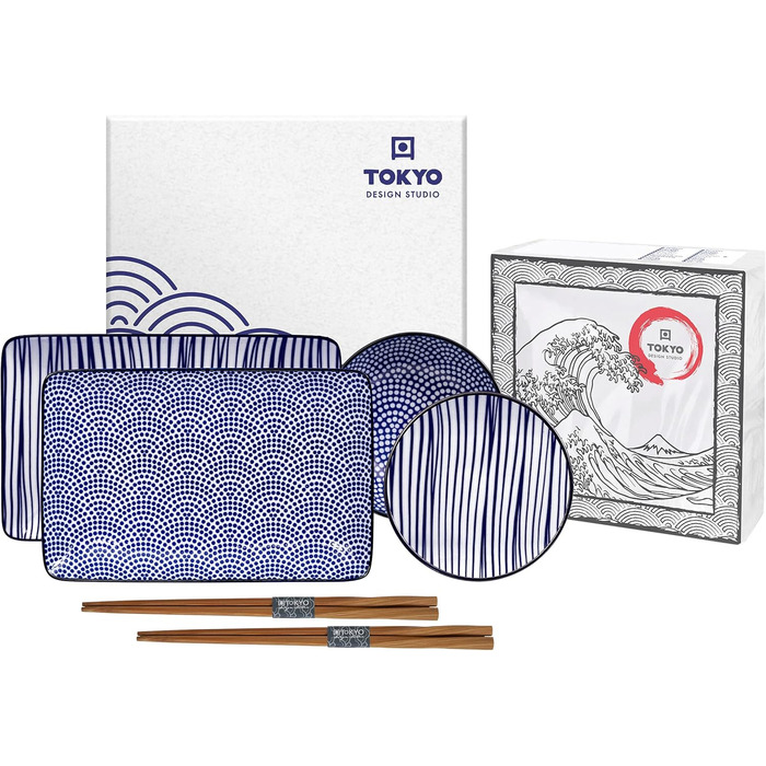 Набір для суші Tokyo Design Studio Nippon Blue (6 предметів), японський дизайн, порцеляна, блакитно-білий, з подарунковою упаковкою