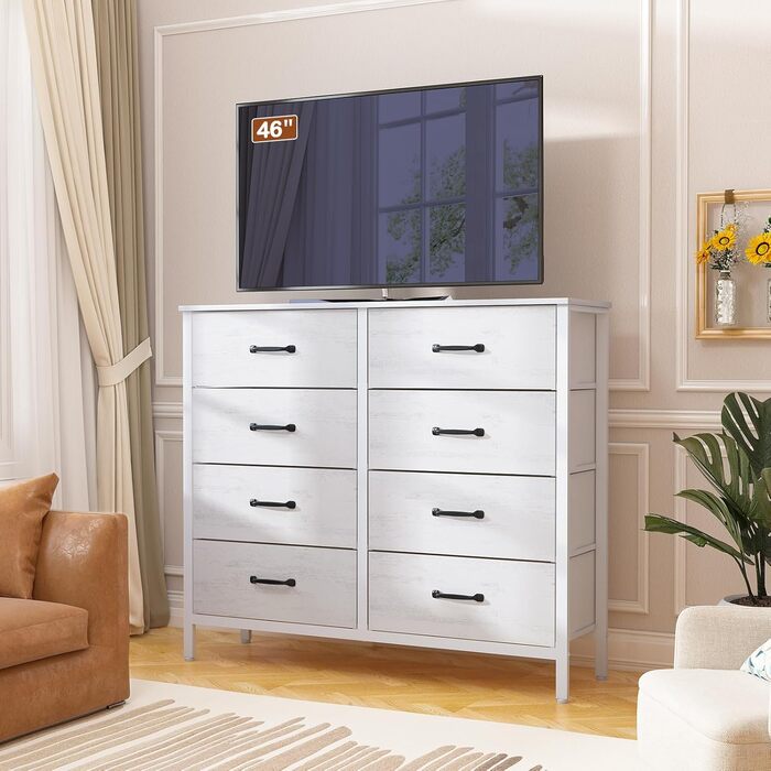 LYNCOHOME Chest of Drawers, Fabric Chest of Drawers, TV Stand Sideboard with 6 Fabric Drawers, Storage Cabinet Bedroom Drawer Chest Kitchen Organizers Furniture for Office Hallway (White-4*2l)