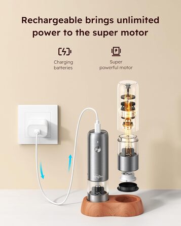 Sangcon Міні електрична сільничка та перцемолка, портативна USB зарядка, дитяча, 5 режимів, нержавіюча сталь з дерев'яною підставкою, для кемпінгу