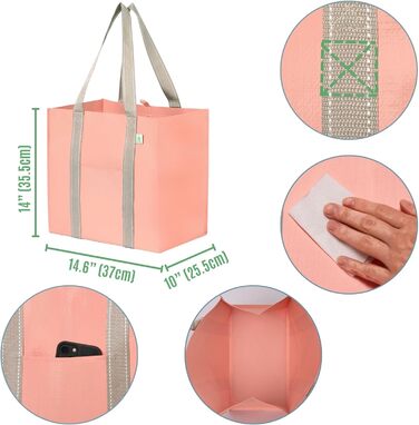 VENO 34 Liter Large Shopping Bag Foldable with Sturdy Bottom and Front Pocket, Reusable Shopping Bags Water-Resistant Tote Bag Shopping Basket for Shopping Picnic (Pink, 4-Pack)