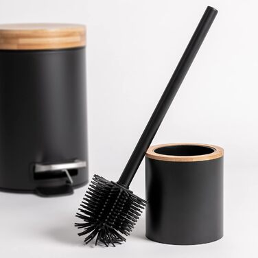 Торгова щітка для унітазу з тримачем з дерева | Силіконова щітка для унітазу з нержавіючої сталі | Тримач для щітки з натурального бамбука | Настільна щітка для ванної кімнати | Чорний колір