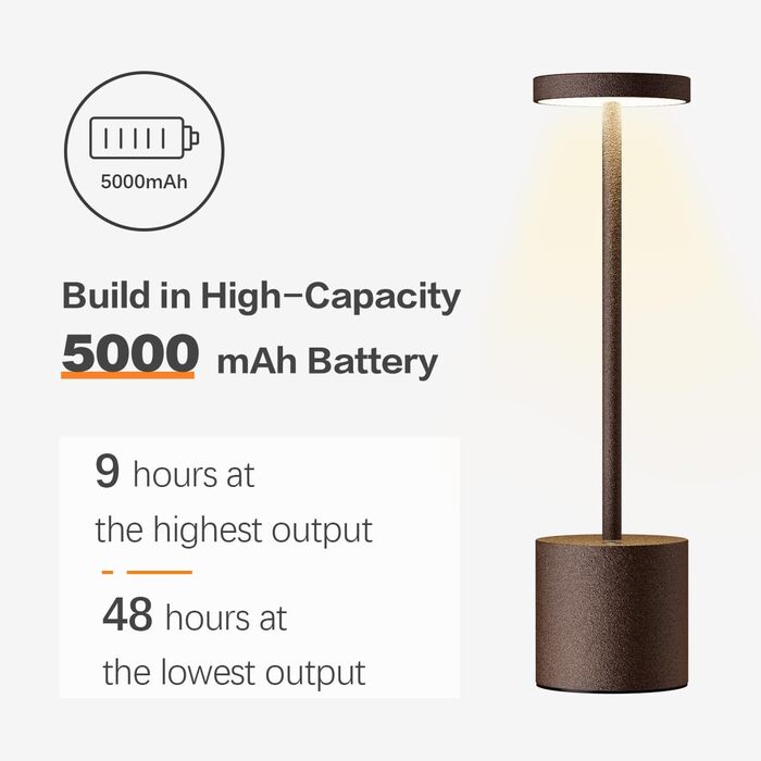 LED акумуляторна настільна лампа бездротова, 5000mAh, USB-зарядка, диммування, 3 режими кольору, для дому та вулиці