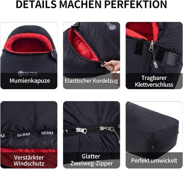 Пуховий спальний мішок для дорослих та дітей, легкий зимовий спальник Outdoor 8°C ~ -30°C для кемпінгу та альпінізму з 650 FP гусячим пухом, чорний, 1000g