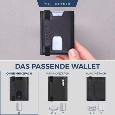 Шкіряний тонкий гаманець VON HEESEN з RFID-захистом, компактний картхолдер для чоловіків та жінок, чорний (гладка шкіра, без монетниці)