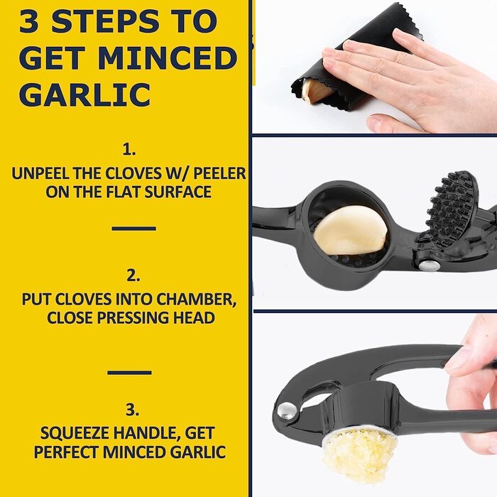 Преміум-прес для часнику з нержавіючої сталі - прес-подрібнювач часнику, подрібнювач та очищувач, набір, стійкий до миття в посудомийній машині та іржі (матова чорна поверхня)
