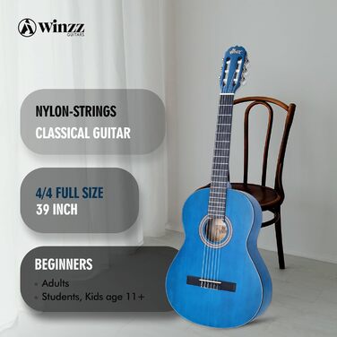 Класична гітара Winzz 4/4 для дорослих, 39 дюймів, синього кольору - ідеальна для початківців