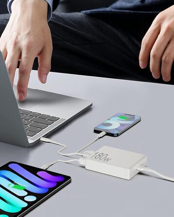 Зарядний пристрій USB 6 портів з LCD екраном GaN 180W для MacBook, iPad, iPhone 16/15/14/Pro/Max, Samsung Galaxy S23 - Білий