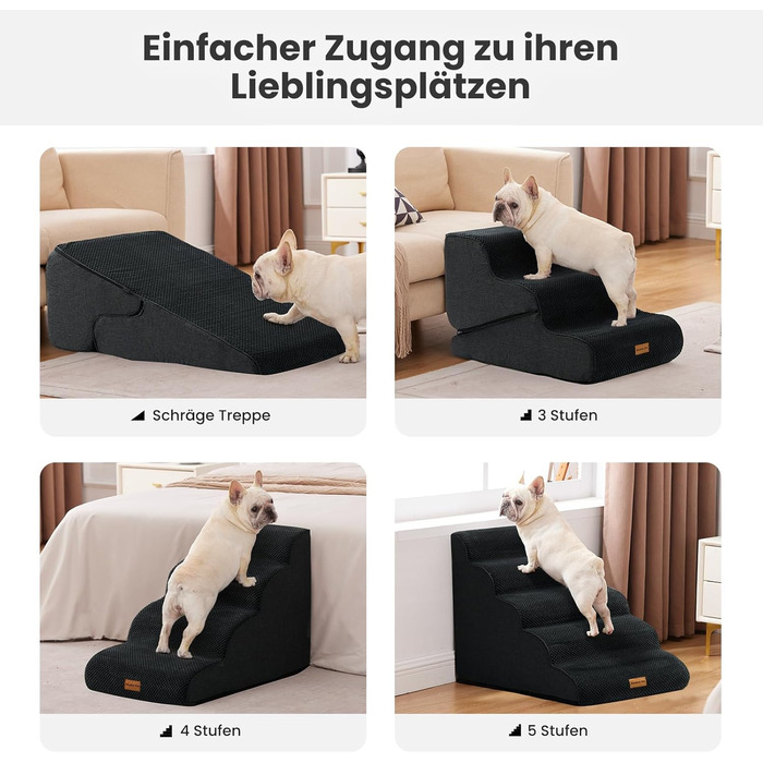 Сходинка для собак Gardner Pet - 35/42 см, 3 сходинки, з високощільної піни, з неслизьким водонепроникним покриттям, для ліжка, дивану, крісла (5 сходинок, чорний колір)