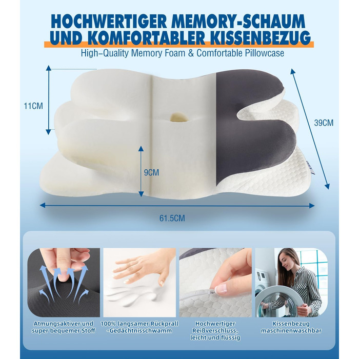 Подушка для шиї IDEA: ортопедична, з memory foam, для дорослих, 62x40x9/11 см, підтримка шиї, комфортна для подорожей