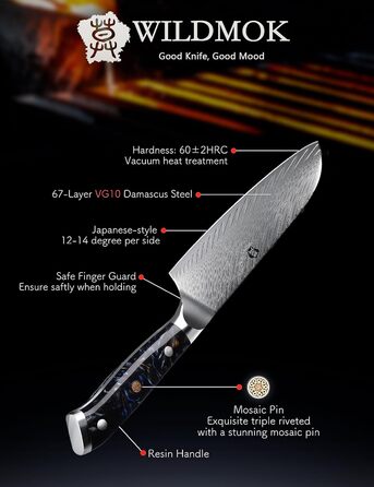Ніж кухонний професійний Santoku WILDMOK 17 см, VG10 дамаська сталь, ергономічна рукоятка, для дому та ресторану