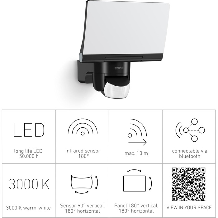 Світлодіодний прожектор Steinel XLED Home 2 S з датчиком руху та Bluetooth, 13.7W, 180°, дальність 10м, 1550 лм, чорний