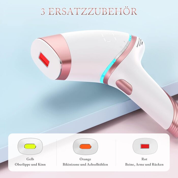 Пристрій для епіляції IPL з охолодженням 5°C, лазерний епілятор з 3 насадками, 5 рівнів потужності, безліч імпульсів, для жінок та чоловіків