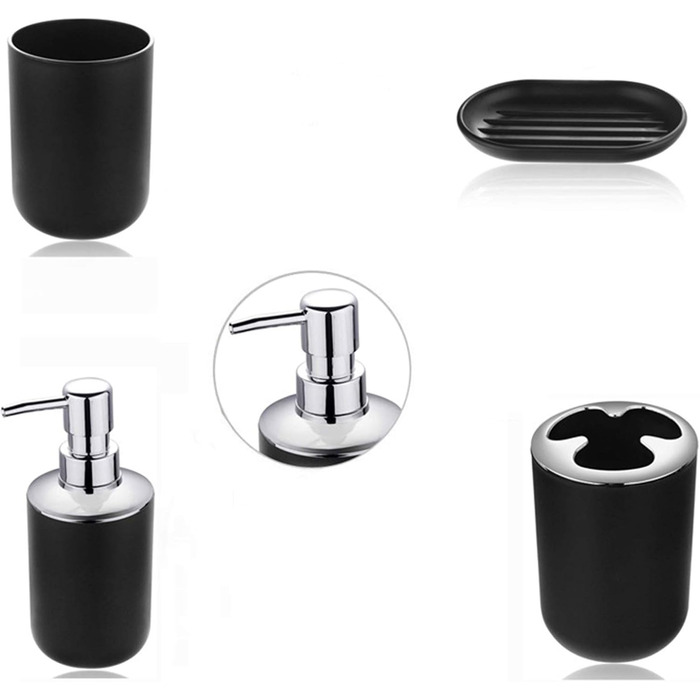 Набір аксесуарів для ванної кімнати Icegrey: 6 предметів, чорний (дозатор для рідкого мила, тримач для зубних щіток, стакан, мильниця, тримач для туалетного йоржика, сміттєвий контейнер)
