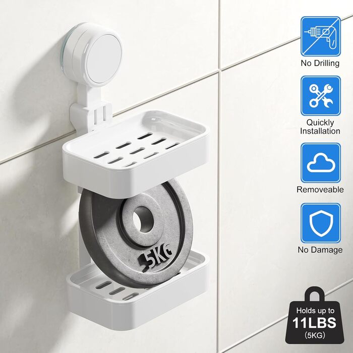 Миска для мила з двошаровою конструкцією та присоском, милотримач на стіну без свердління, милотримач для душу з піддоном, білий, 2 яруси