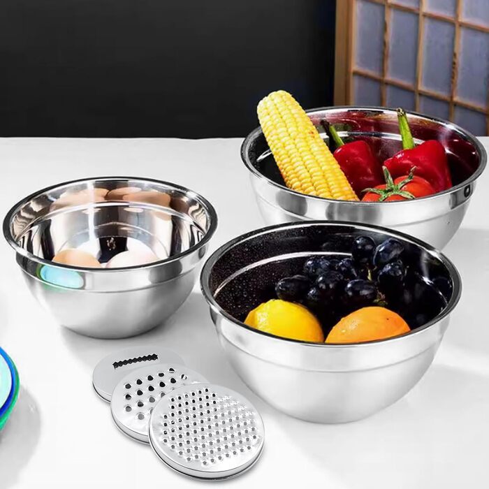 Набір місок з нержавіючої сталі 5 шт. з кришками – 4.5L/2.7L/1.6L/1.1L/0.7L – з 3 тертками, неслизькі та стіклі, придатні для миття в посудомийній машині для кухні та випічки