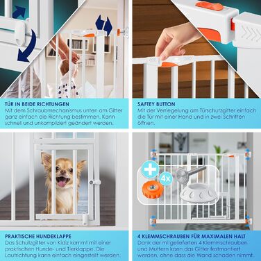 Захисне ворота KIDIZ для котів з люком, захист для дверей, ворота на сходи для дітей без свердління | Зупинка 90°, поворотне, захист для сходів, білий/ширина: (102-115 см, помаранчевий)