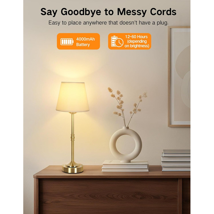 OUTON Настільна лампа 2 шт. Бездротова, диммер, 3 кольори світла, 4000mAh, USB-C, 60 годин роботи, акумуляторна, золота для спальні, вітальні, їдальні
