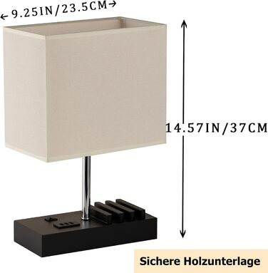 Настільна лампа Dreamholder з 3 USB-портами (A+C), підставкою для телефону, для спальні, вітальні, офісу, з натуральним дерев'яним цоколем та тканинним абажуром (чорний цоколь)