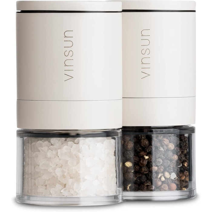 Набір з 2 мельниць для солі та перцю Vinsun - керамічний механізм, регульовані, ручні, нержавіюча сталь, кремово-білі