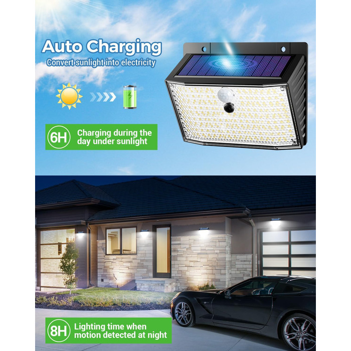 nipify Сонячна лампа з датчиком руху, 168 LED, 3 режими, IP65, для вулиці, саду, тепле та холодне світло, 6 штук
