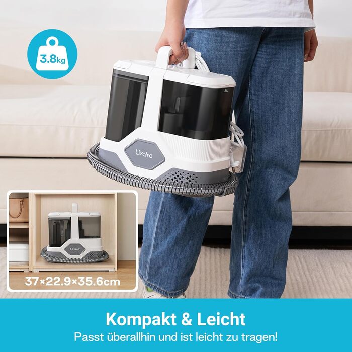 Пристрій для чищення м'яких меблів: мокрий/сухий пилосос, чистка килимів, 600W, 16KPa, бак 2,3L, самоочищення, компактний, для килимів, диванів, сходи