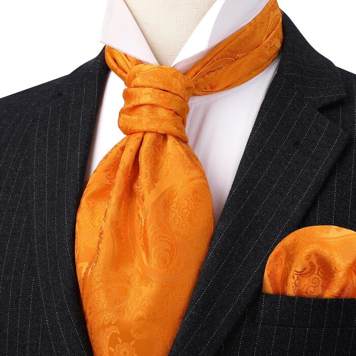 HISDERN Шовковий краватко-шарф чоловічий Paisley, краватка-аскот, нагрудна хустка та кишеньковий хустинка, набір для весілля/бізнесу (Помаранчевий)