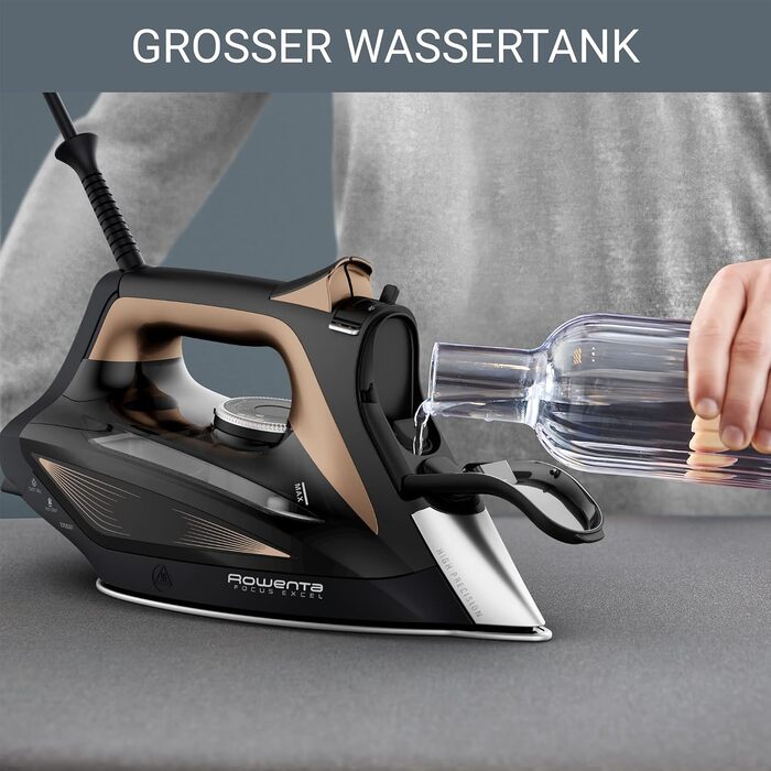 Rowenta DW5325 Focus Excel Steam Iron | 2700 Watts | 45 g/min continuous steam emission | 180 g/min steam boost | Drip Stop | Anti-scale setting | 300 ml water tank | Black/Copper 180g/min steam boost - 400 steam holes