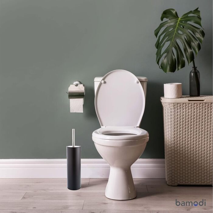 Щітка для унітазу Bamodi з тримачем – вільна щітка з довгим руків'ям та жорсткою щетиною для ретельного та легкого прибирання – ідеальна для ванної кімнати та гостьового туалету (Матовий Чорний, 1)