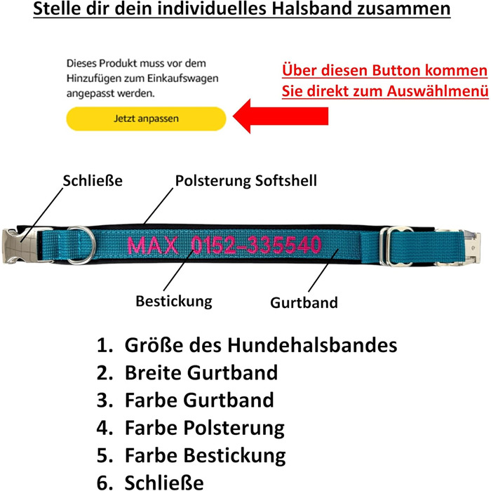 Ошийник для собак з персоналізацією - XS-XXL - індивідуальне замовлення - вишивка імені та номеру телефону - широкий та регульований