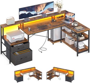 ODK L-Shaped Desk with Drawers, Reversible Corner Desk with LED & Power Strip, Large 189.3x100cm (Vintage Brown)