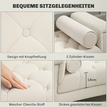 HOMCOM Bench with Chenille Upholstery, Armrest Bed Bench with 2 Cylinder Cushions, Wooden Frame, Shoe Bench for Bedroom, Living Room, Entryway 115 x 44 x 58 cm Beige | Aosom