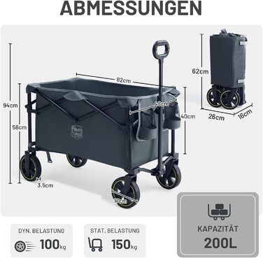 Універсальний складаний візок Timber Ridge Bollerwagen 200L з підсклянником, регульованою ручкою, для пляжу, кемпінгу, саду, максимальне навантаження 150 кг (Сірий)