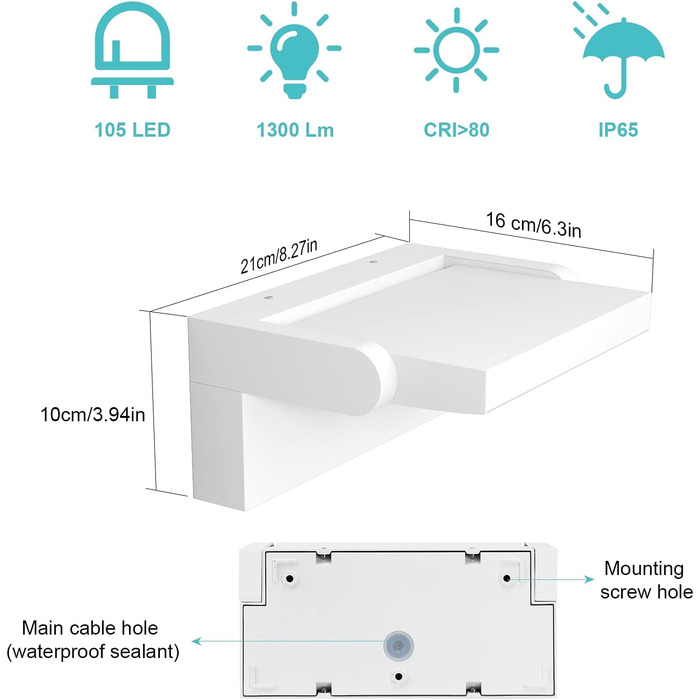 Klighten LED вуличне освітлення 24W: водонепроникна настінна лампа з поворотним LED-панелем, 1500 люмен, тепле світло 3000K для саду, тераси