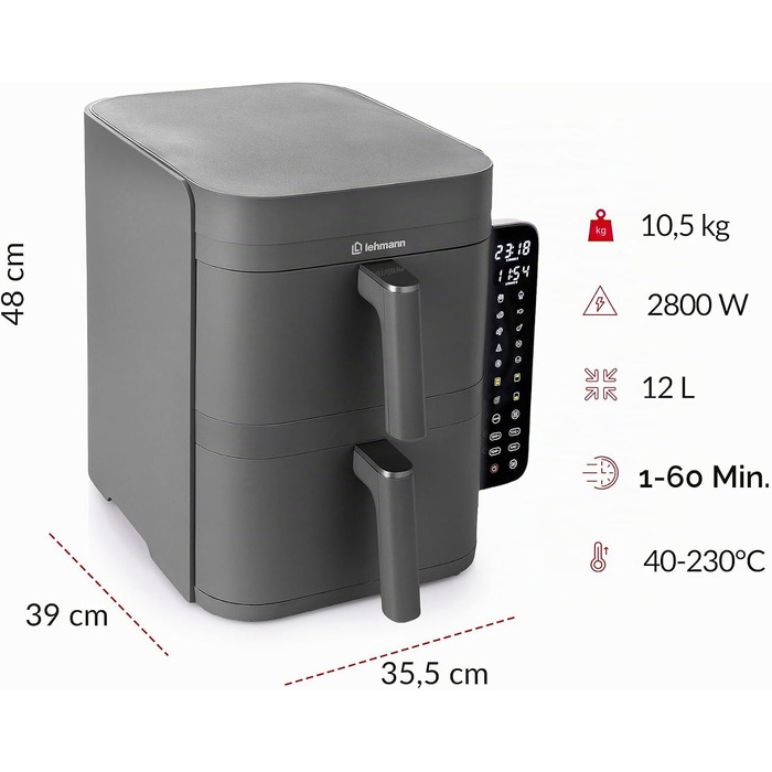 Аерофритюрниця з двома камерами LEHMANN XXL 12L, 2800 Вт, антипригарне покриття, 10 програм, без олії, сіра