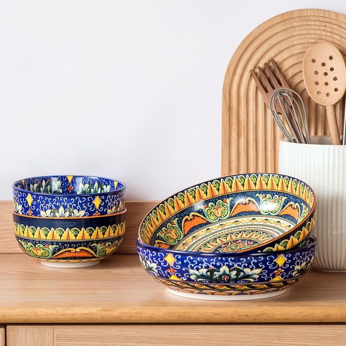 Набір тарілок Henten Home Mylo: 2 тарілки для супу та салатів, 1500 мл, бохо стиль (синьо-помаранчевий)