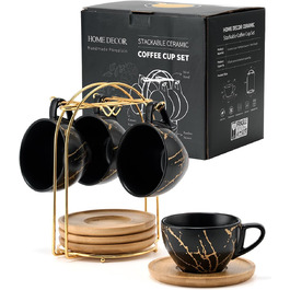 Набір керамічних чашок капучино HOME DECOR 4 шт., 220 мл, з металевим підставкою. Підходять для капучино, лате, американо та чаю. Чорний та білий дизайн