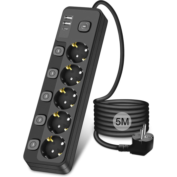 Мережевий фільтр з індивідуальним керуванням, 5 розеток з 2 USB-A та 1 USB-C, захист від перенапруги, 5 метрів, чорний