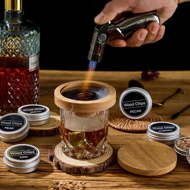 Набір для копчення віскі – Old Fashioned Cocktail Geschenkset: 6 дерев'яних чіпсів, 4 гранітні камені, запальник та аксесуари для любителів віскі та коктейлів (без бутану)