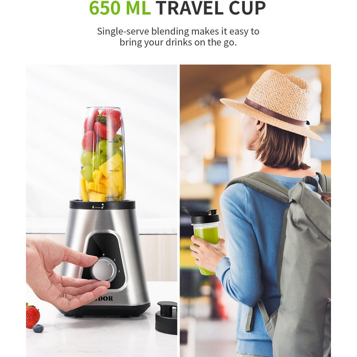 Блендер GDOR 1200W з 1,5л скляною колбою та 650мл стаканом для подорожей, 3 швидкості, професійний, для смузі, шейків, заморожених напоїв та соусів