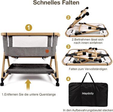 Maydolly 3-in-1 Bedside Crib - Portable Baby Cot with Breathable Net and Sheets, Adjustable Bassinet Bedside Crib Grey