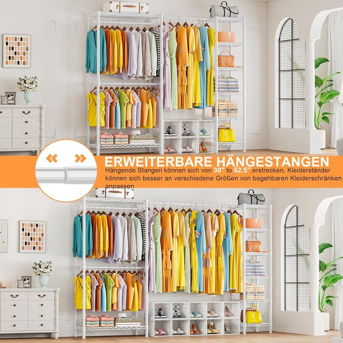 Розширюваний вішак для одягу, металевий гардеробний стійка з регульованими полицями (білий)