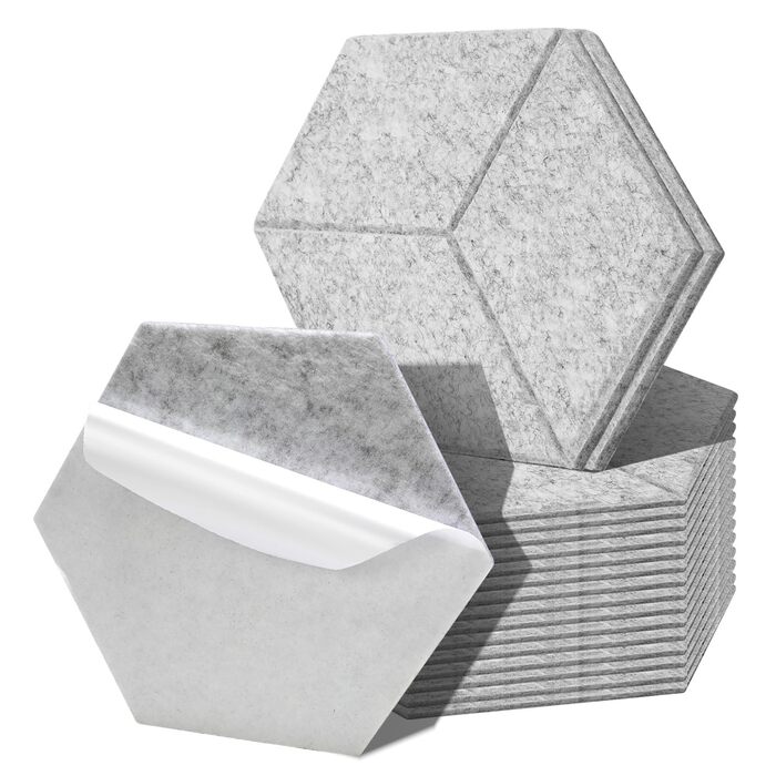 Акустичні гексагональні панелі Fiqops самоклеючі, звукопоглинаючі шестикутні плити для шумоізоляції стін, студії та дому, срібляво-сірі (18 шт, 30x26x0.9 см)