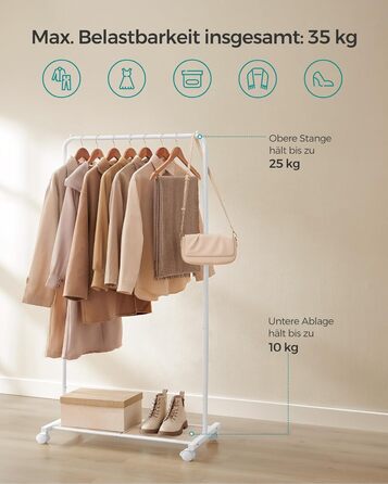 SONGMICS Clothes Rack, Rolling Garment Rack, Metal Wardrobe Stand, Rolling Wardrobe 91 cm wide, with Shelf, 2 Swivel Wheels with Brakes, Rod Loadable up to 40 kg, HSR025A01 (White, 74x40.5x158cm)